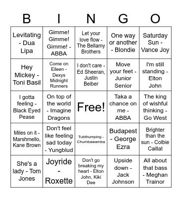 Happy Songs Bingo Card