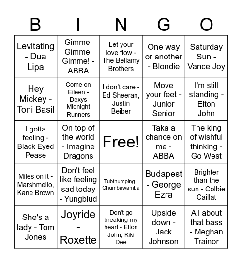 Happy Songs Bingo Card