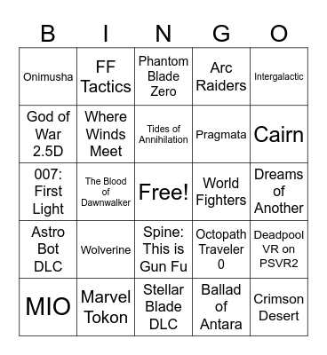 Sony State of Play Bingo Card