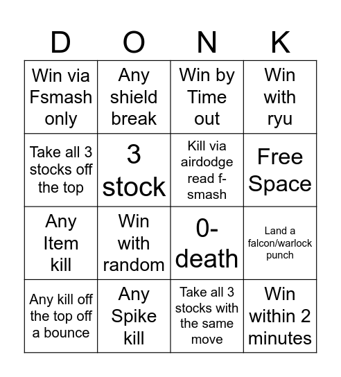 Donk Smash Bingo Card