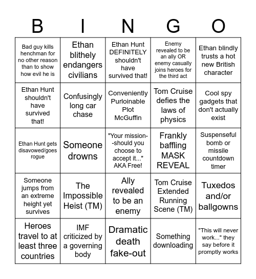 Mission Impossible Movie Night Bingo Card