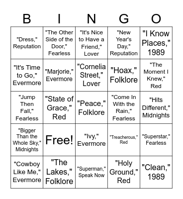 Bingo (Taylor's Version) Bingo Card