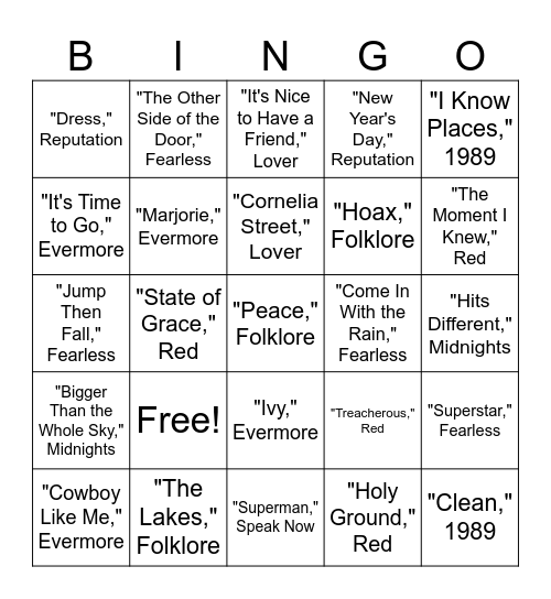 Bingo (Taylor's Version) Bingo Card