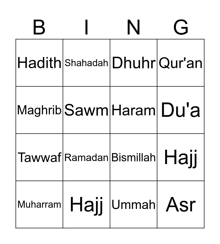 Islamic Bingo Card