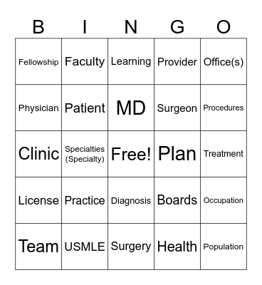 Medical Bingo Card