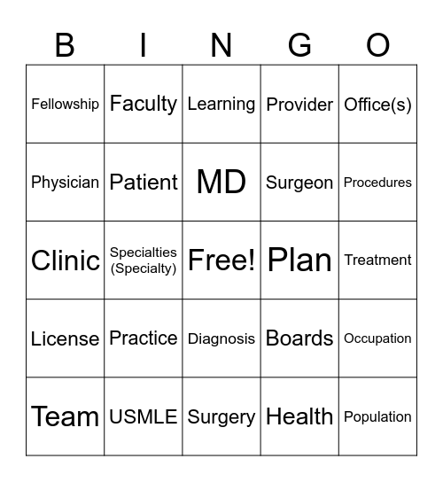 Medical Bingo Card