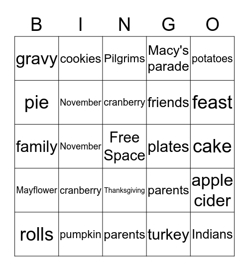 Thanksgiving Bingo Card