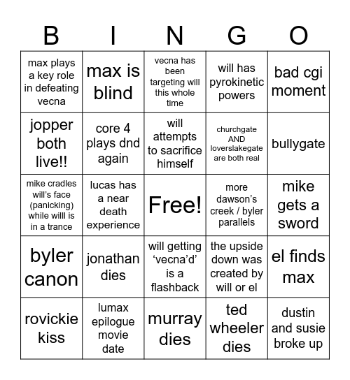 Stranger Thing5 Bingo Card