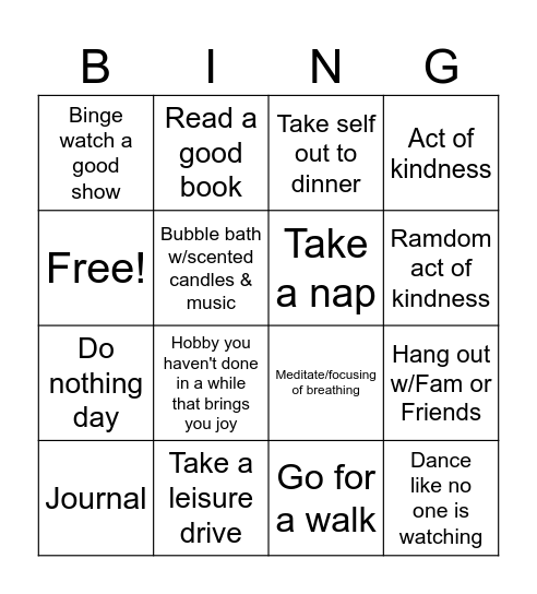 Self-Care Bingo Card