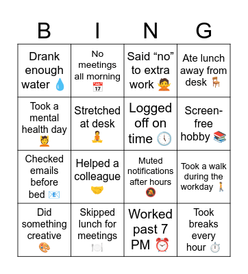 Work-Life Balance Bingo Card