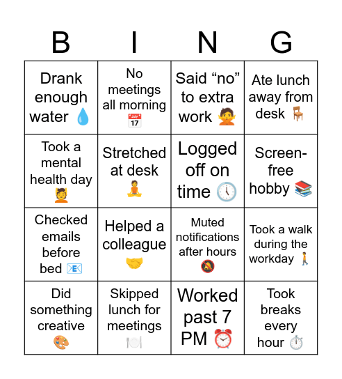 Work-Life Balance Bingo Card