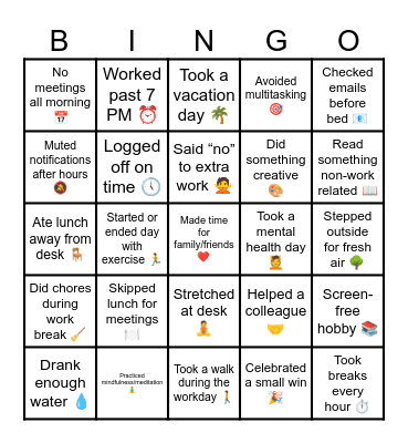 Work-Life Balance Bingo Card