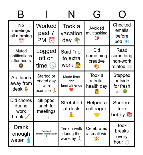 Work-Life Balance Bingo Card