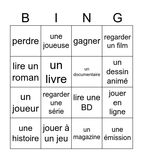 Loisirs et passions Bingo Card