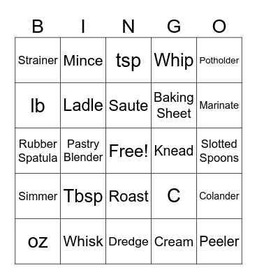 Cooking Terms & Utensils Bingo Card