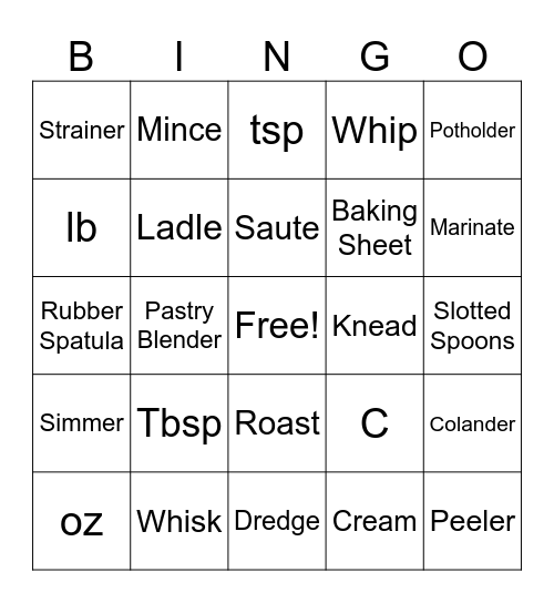 Cooking Terms & Utensils Bingo Card
