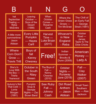 Big Country Fall Bingo Card