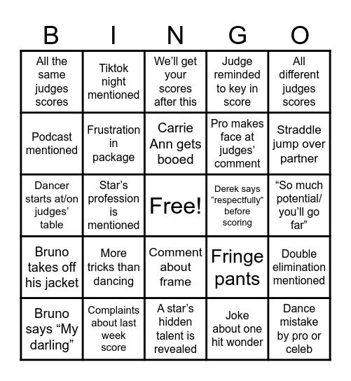 DWTS Bingo Card