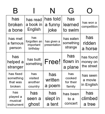 Present Perfect Bingo Card