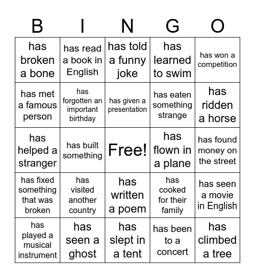 Present Perfect Bingo Card