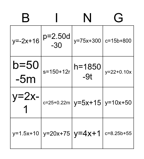 y=mx+b   BINGO Card