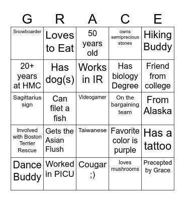 Grace's 50th Birthday Bingo Card