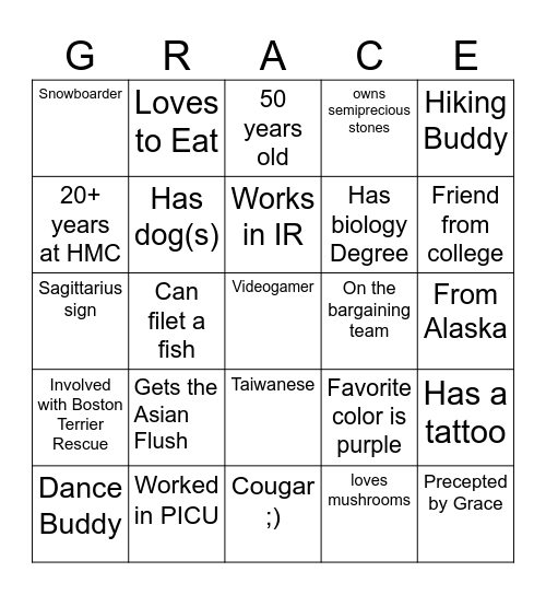 Grace's 50th Birthday Bingo Card