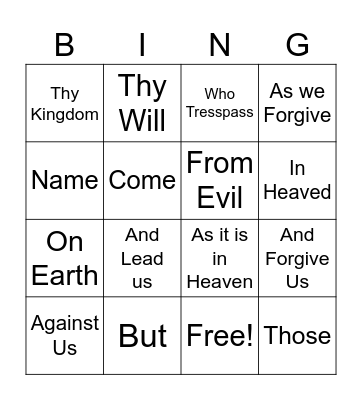 Our Father Bingo Card