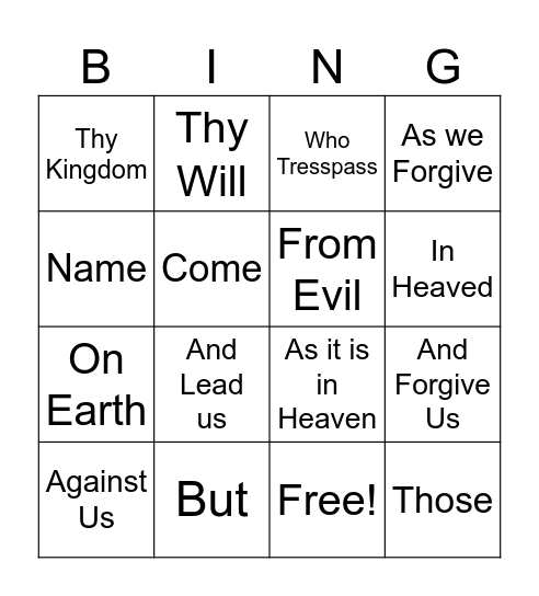 Our Father Bingo Card