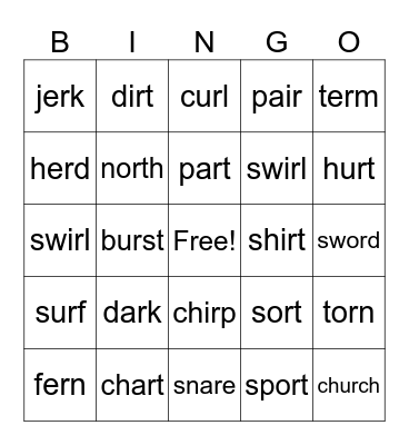 AR single syllable Bingo Card