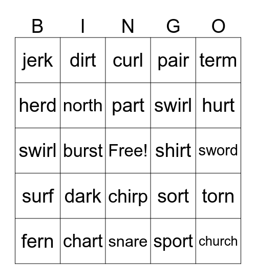 AR single syllable Bingo Card