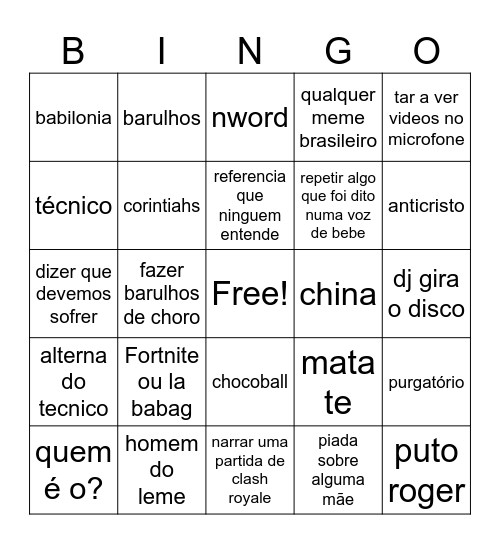 Bingo do joca Bingo Card