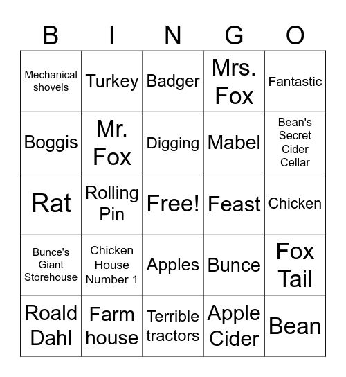 Fantastic Mr. Fox Bingo Card