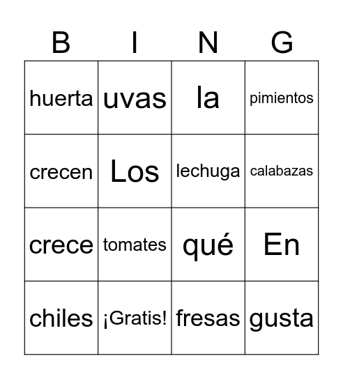 En la huerta Bingo Card