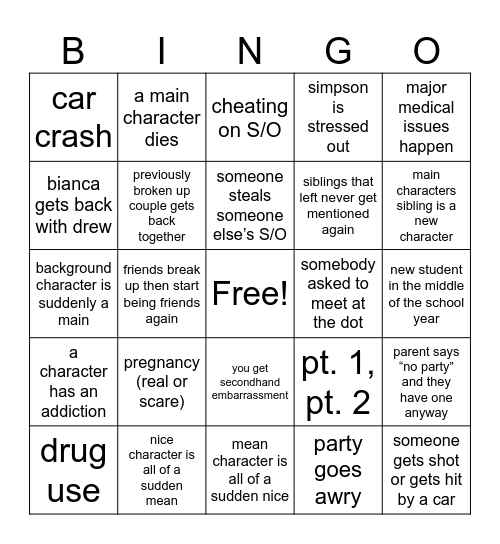 Degrassi (later seasons) Bingo Card