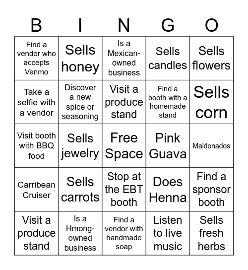Farmers Market Trip Bingo Card