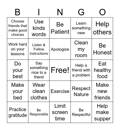 Good Choices Bingo Card