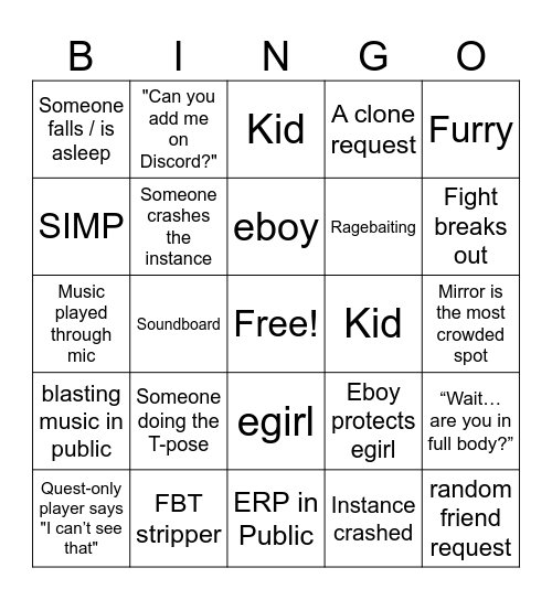 Vrchat bingo Card