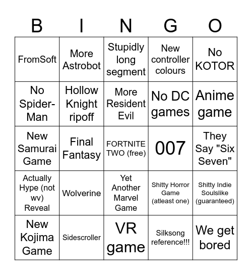 State of Play Bingo Card