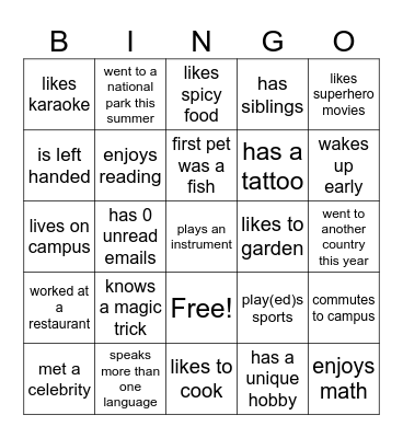 Get to Know Eachother Bingo Card