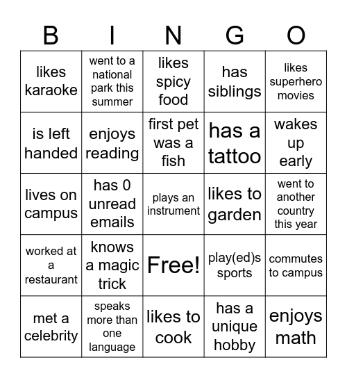 Get to Know Eachother Bingo Card