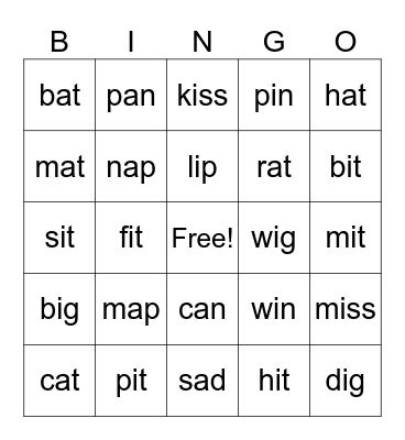 Short A and I Bingo Card