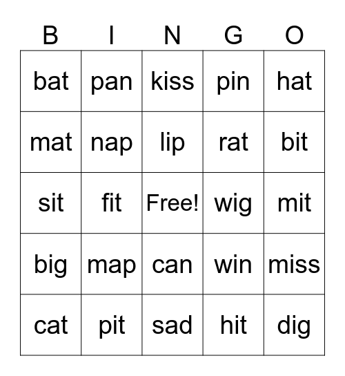 Short A and I Bingo Card
