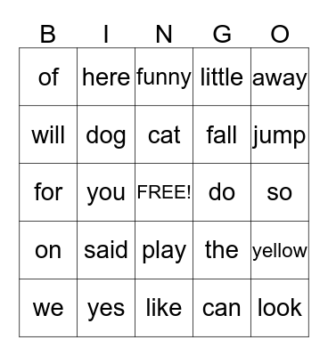 Sight Words Bingo Card