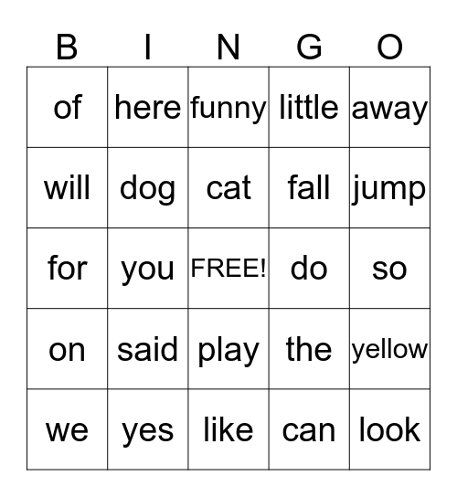 Sight Words Bingo Card