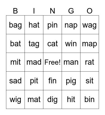 Short A and I Bingo Card