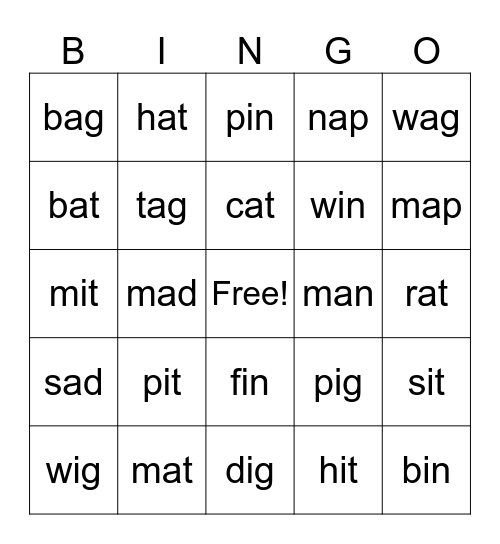 Short A and I Bingo Card