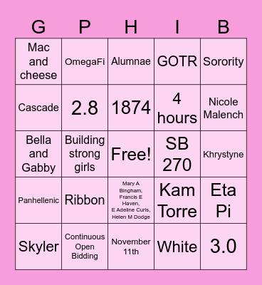 Gamma Phi Beta Bingo Card