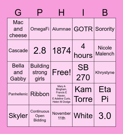 Gamma Phi Beta Bingo Card