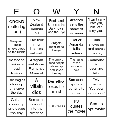 THE RETURN OF THE KING Bingo Card